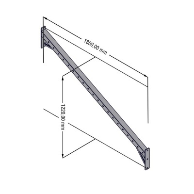 Barra metálica triangular cinza com orifícios, medidas técnicas 1800x1220 mm