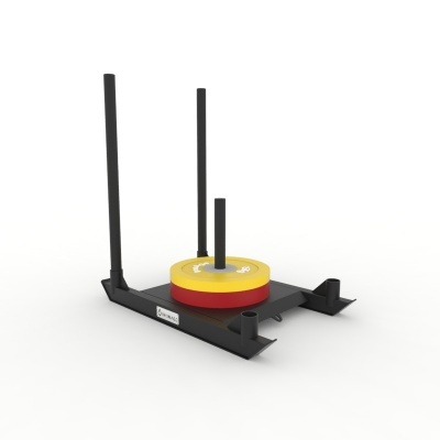 Treinador de pesos com discos amarelos e vermelhos num suporte preto