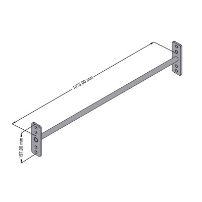 Barra metálica cinzenta com placas de fixação e medidas indicadas