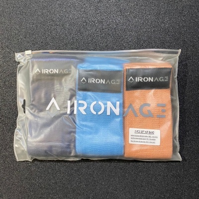 Três faixas elásticas de resistência coloridas embaladas em saco transparente