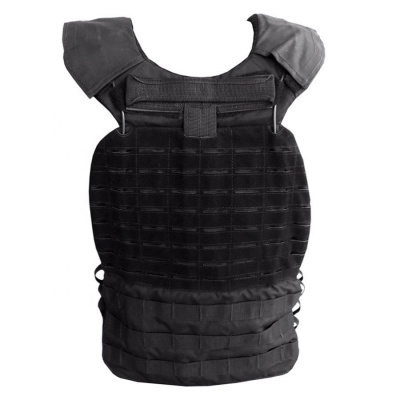 Colete táctico preto resistente com painéis reforçados e velcro