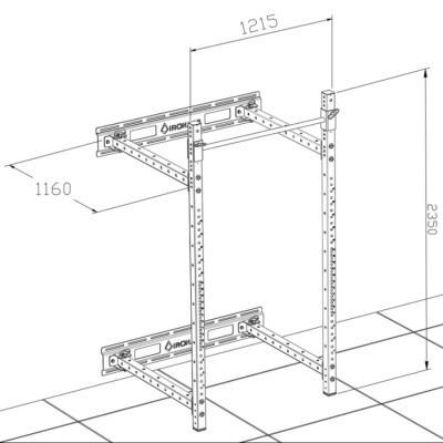 Estrutura metálica preta para parede com dimensões e barras perfuradas