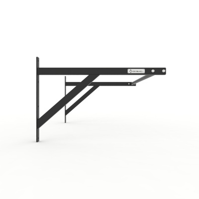 Suporte de parede metálico preto com reforços diagonais e etiqueta DRONAG