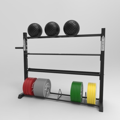 Suporte preto de metal com bolas medicinais pretas e discos de pesos coloridos