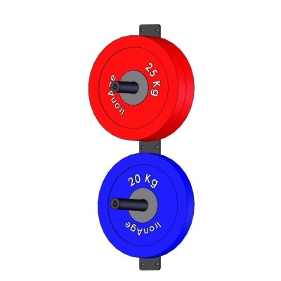 Suporte de parede com anilhas de ferro vermelha de 25 Kg e azul de 20 Kg