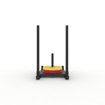 Carrinho de treino com placas de pesos vermelhas e amarelas em fundo branco