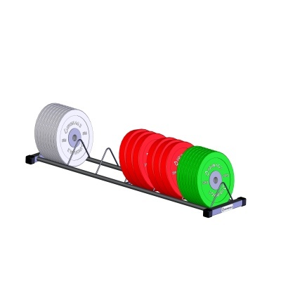 Conjunto de discos de halteres coloridos organizados num suporte preto