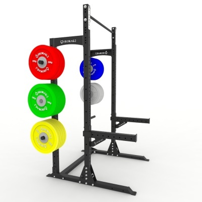 Suporte de treino preto com pesos coloridos CHROMIGA num fundo branco