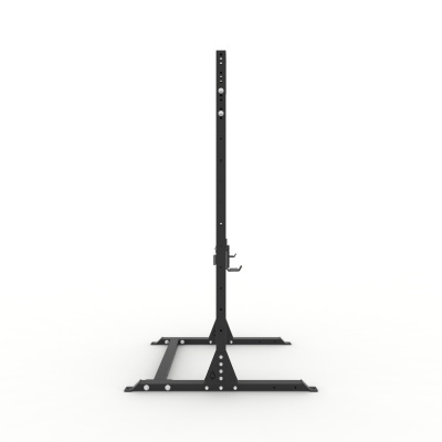 Estrutura metálica preta com base retangular e orifícios circulares sobre fundo branco