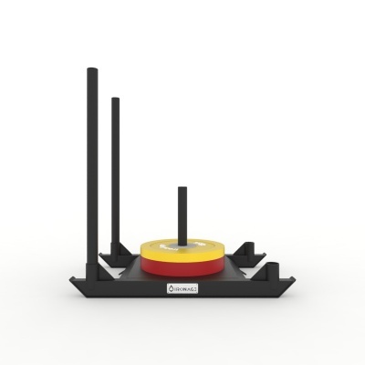 Carrinho de treino preto com pesos vermelhos e amarelos