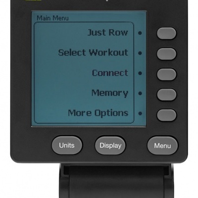 Ecrã digital Concept 2 PM5 preto com visor azul e texto em inglês