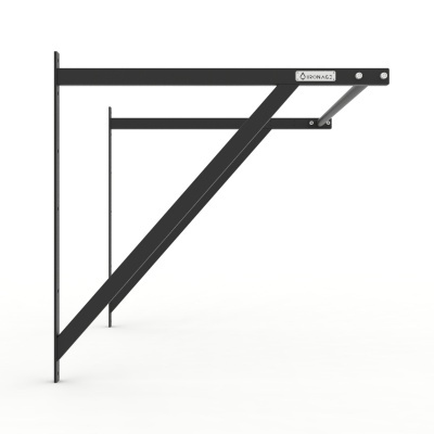 Suporte de prateleira de metal preto em formato triangular com placa IRONAGE