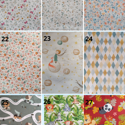 Conjunto de tecidos estampados com flores, animais, personagens e padrões geométricos.