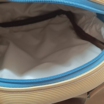 Interior de mala bege às riscas com fecho azul e forro branco