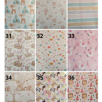 Nove padrões de tecidos infantis com desenhos de animais e elementos da natureza em cores pastel.