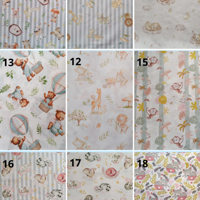 Tecidos infantis com padrões animados de animais em cores suaves sobre fundos listrados ou brancos.