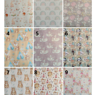 Nove padrões de papel decorativo infantil com animais e elementos coloridos
