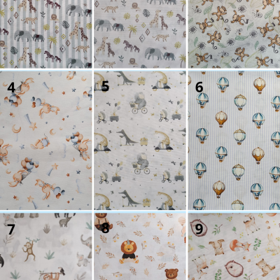 Nove padrões de tecidos infantis com animais e balões em cores suaves sobre fundo branco