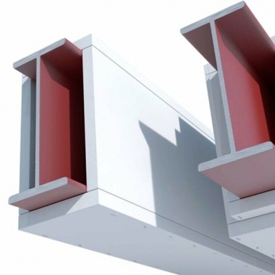 Vigas em I de aço cinza com interior vermelho em fundo branco