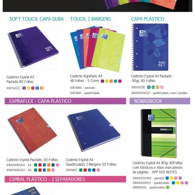 Cadernos Oxford de vários tipos e cores com diferentes capas e formatos, apresentados sobre fundo branco.