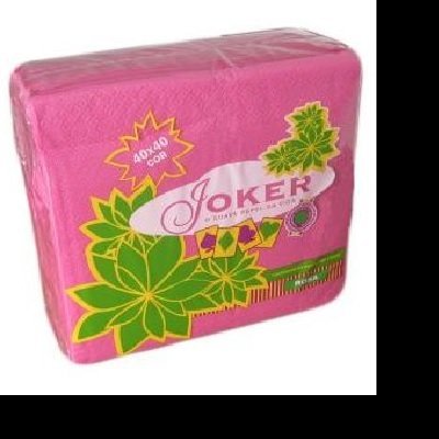 Pacote de guardanapos rosa JOKER com folhas verdes e amarelas e texto