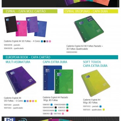 Vários cadernos Oxford de cores diferentes com várias capas e especificações