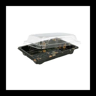 Embalagem de plástico preta com tampa transparente retangular para alimentos