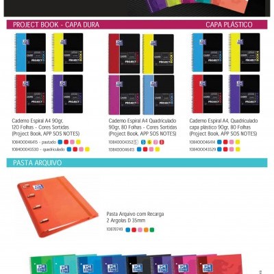 Variedade de cadernos espiral e pastas de arquivo Oxford coloridos