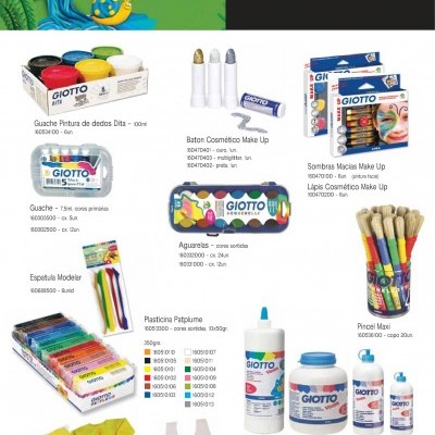 Catálogo de produtos artísticos GIOTTO com tintas, pincéis, maquilhagem e materiais escolares coloridos