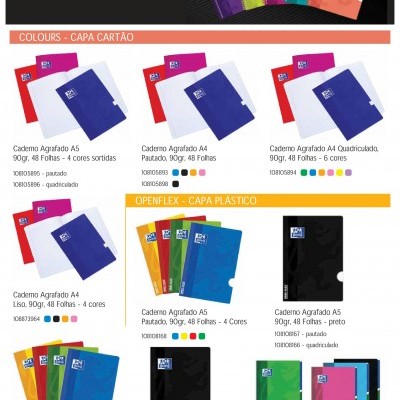 Cadernos Oxford em várias cores e formatos com detalhes de produtos e preços.
