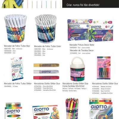 Catálogo de produtos Giotto para crianças com marcadores, lápis de cor e glitter.