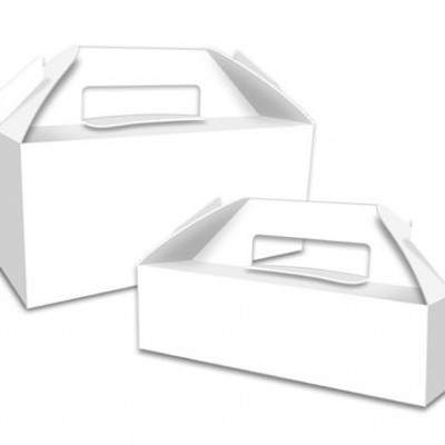 Dois caixotes brancos de cartão com pegas, um maior e outro menor.