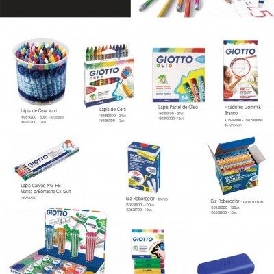 Produtos de desenho GIOTTO variados expostos com embalagens coloridas e descrição em português.