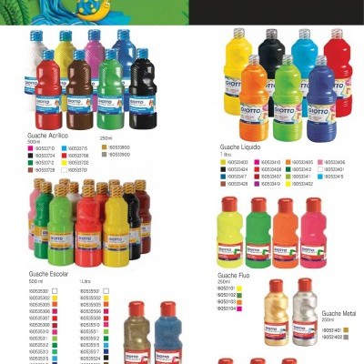 Diversas garrafas de tintas GIOTTO em várias cores e acabamentos com rótulos coloridos e texto promocional em português