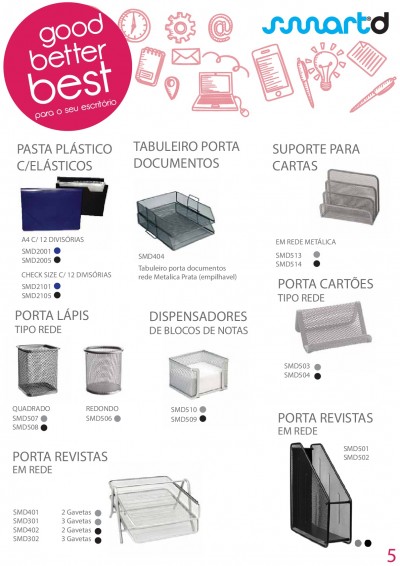 Produtos de organização de escritório da marca Smartd, como pastas, tabuleiros metálicos, suportes e organizadores de rede.