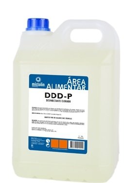 Recipiente plástico branco translúcido com tampa azul e etiqueta com texto de desinfetante DDD-P