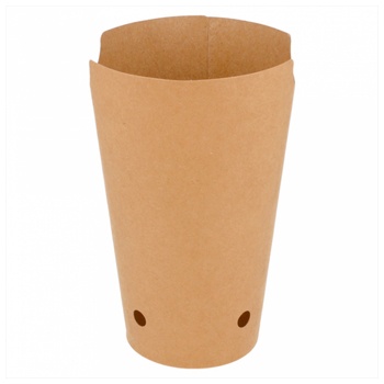 Copo descartável de papel castanho claro com dois orifícios próximos à base