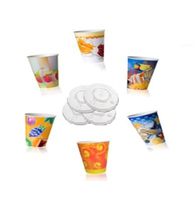 Seis copos de papel coloridos com tampas brancas no centro