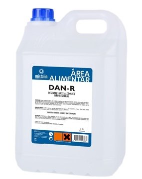 Container plástico branco translúcido com tampa azul e rótulo azul e branco do produto DAN-R desinfetante alcoólico