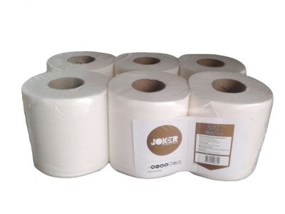 Seis rolos grandes de papel de cozinha branco com etiqueta e embalagem plástica