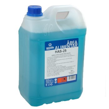 Recipiente plástico translúcido com líquido azul e etiqueta azul e branca