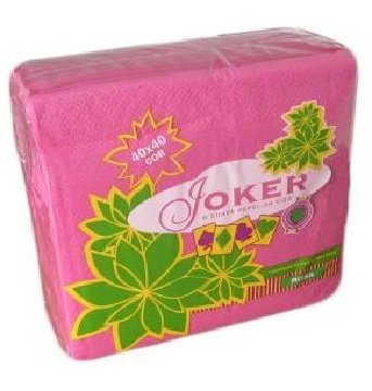 Pacote de guardanapos rosa JOKER com folhas verdes e amarelas e texto