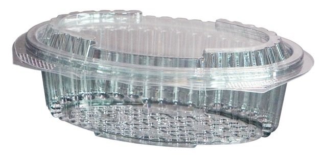 Embalagem plástica transparente com tampa articulada oval