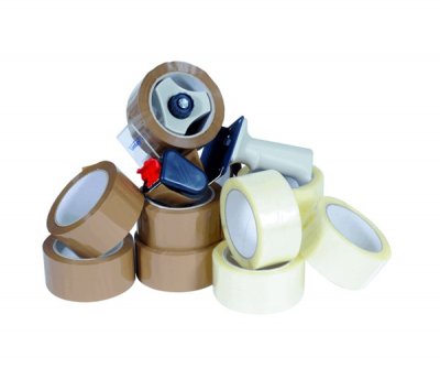 Fitas adesivas castanhas e transparentes com dispenser