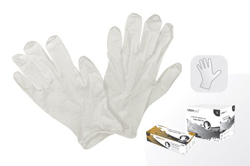 Par de luvas descartáveis brancas e caixas com texto LATEX