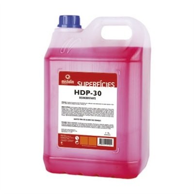 Recipiente plástico translúcido com líquido vermelho e rótulo de produto de limpeza HDP-30