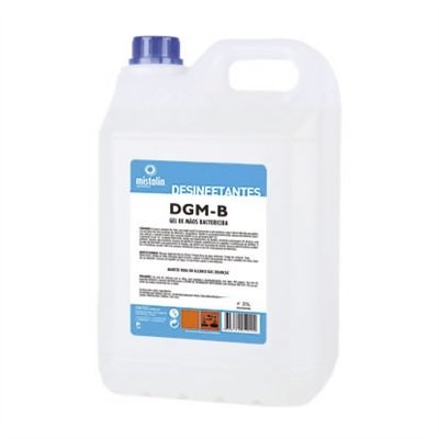 bidão plástico branco com tampa azul e rótulo azul e branco de detergente desinfetante DGM-B para mãos