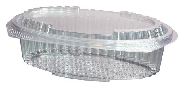 Embalagem plástica transparente oval com tampa integrada e textura ondulada
