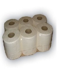 Seis rolos de papel higiénico branco em embalagem plástica transparente