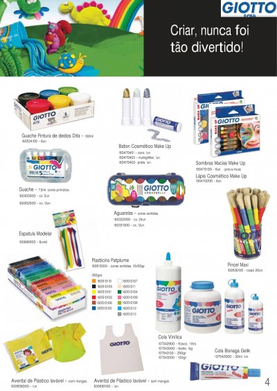 Catálogo de produtos artísticos GIOTTO com tintas, pincéis, maquilhagem e materiais escolares coloridos